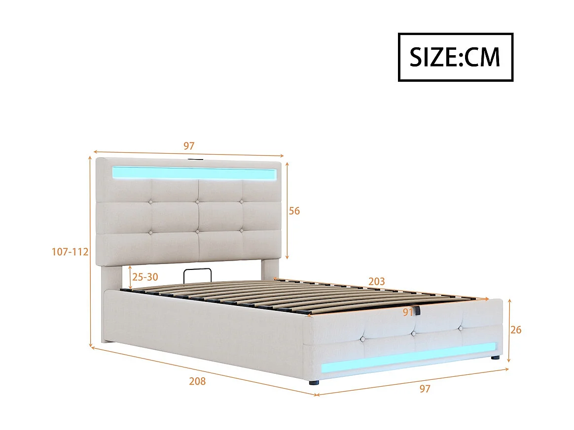 Lit coffre 90*200  cm, avec port USB et bande LED à couleur variable, beige, lin