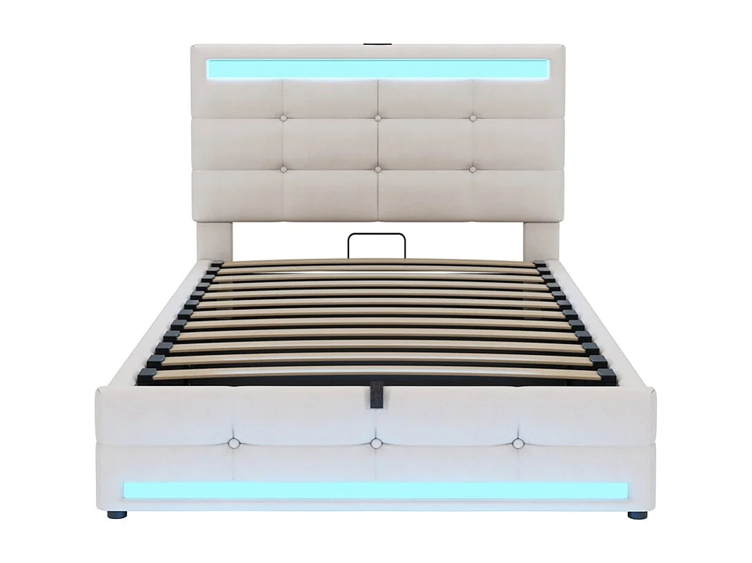 Lit coffre 90*200  cm, avec port USB et bande LED à couleur variable, beige, lin