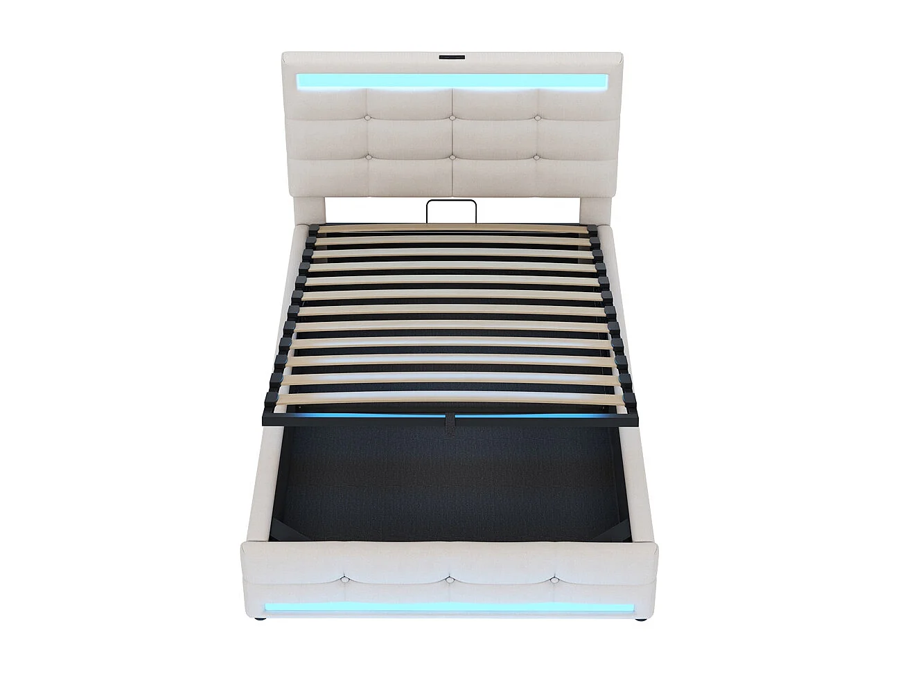 Lit coffre 90*200  cm, avec port USB et bande LED à couleur variable, beige, lin