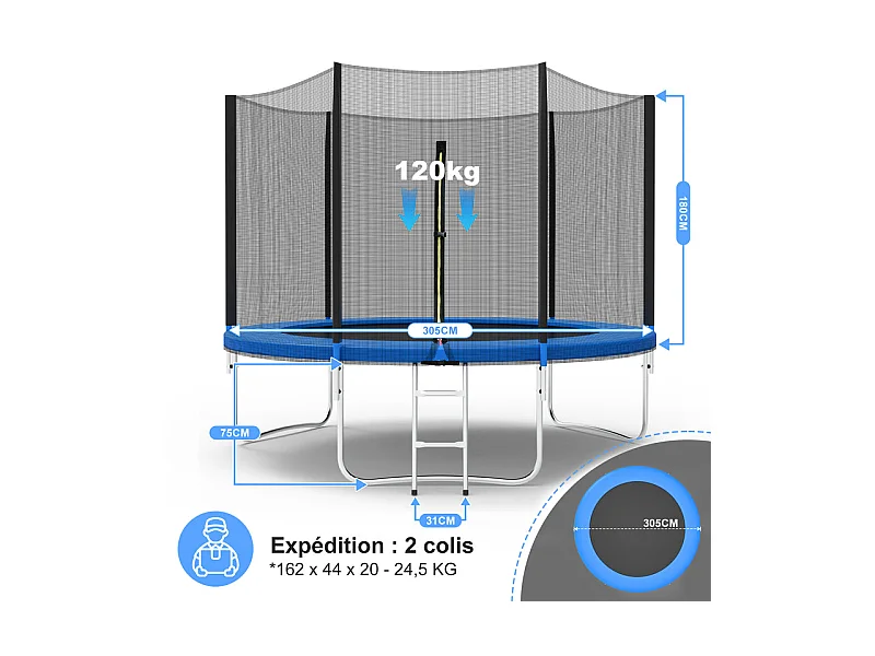 Trampoline avec filet de sécurité 305 cm - Jouet pour enfants pour le sport, la maison et l'extérieur Avec base sécurisée et protection anti-rouille