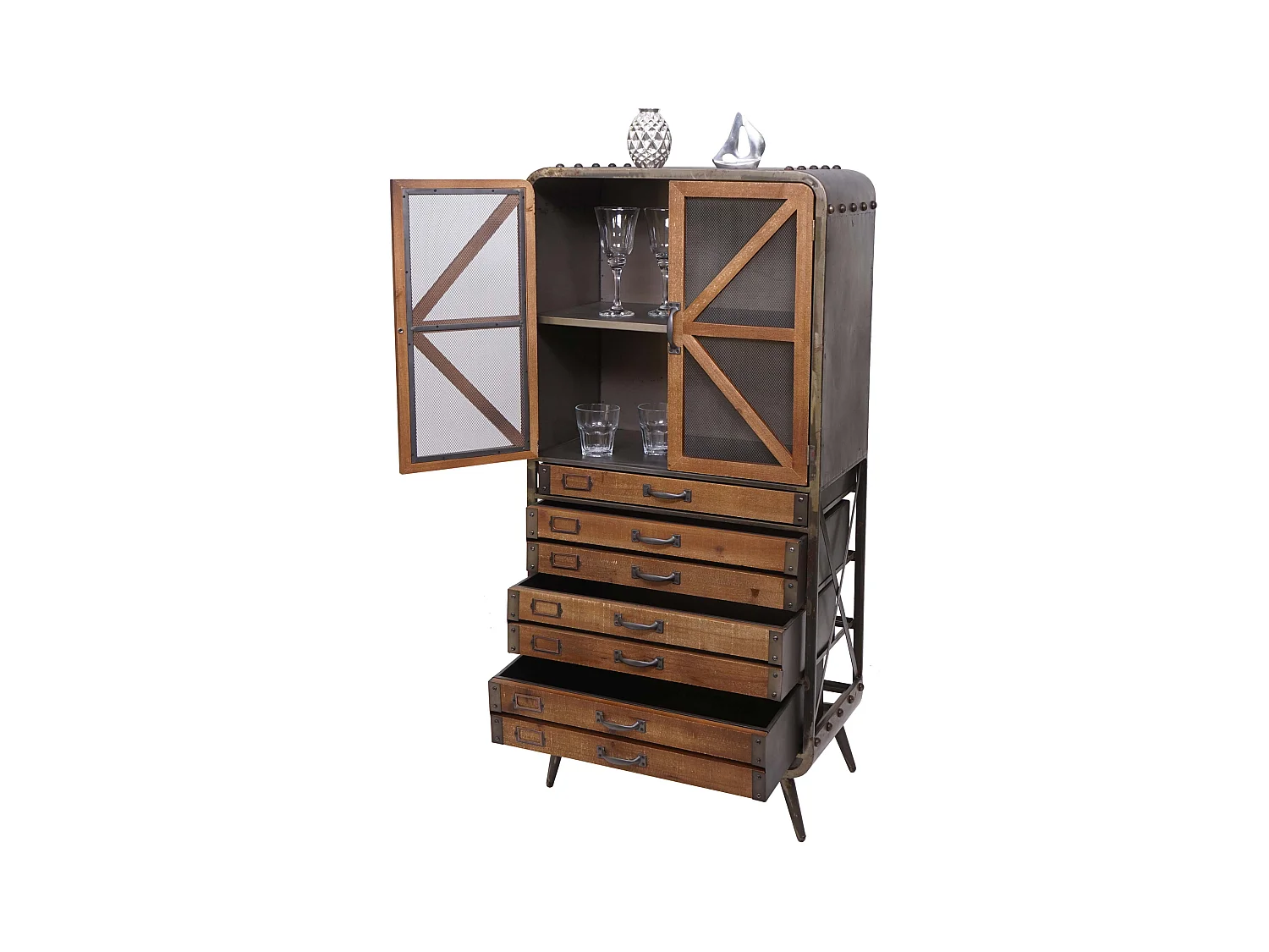 Armoire haute buffet meuble de salon en bois de sapin et métal design industriel 128 x 60 x 33 cm marron-noir 04_0005758