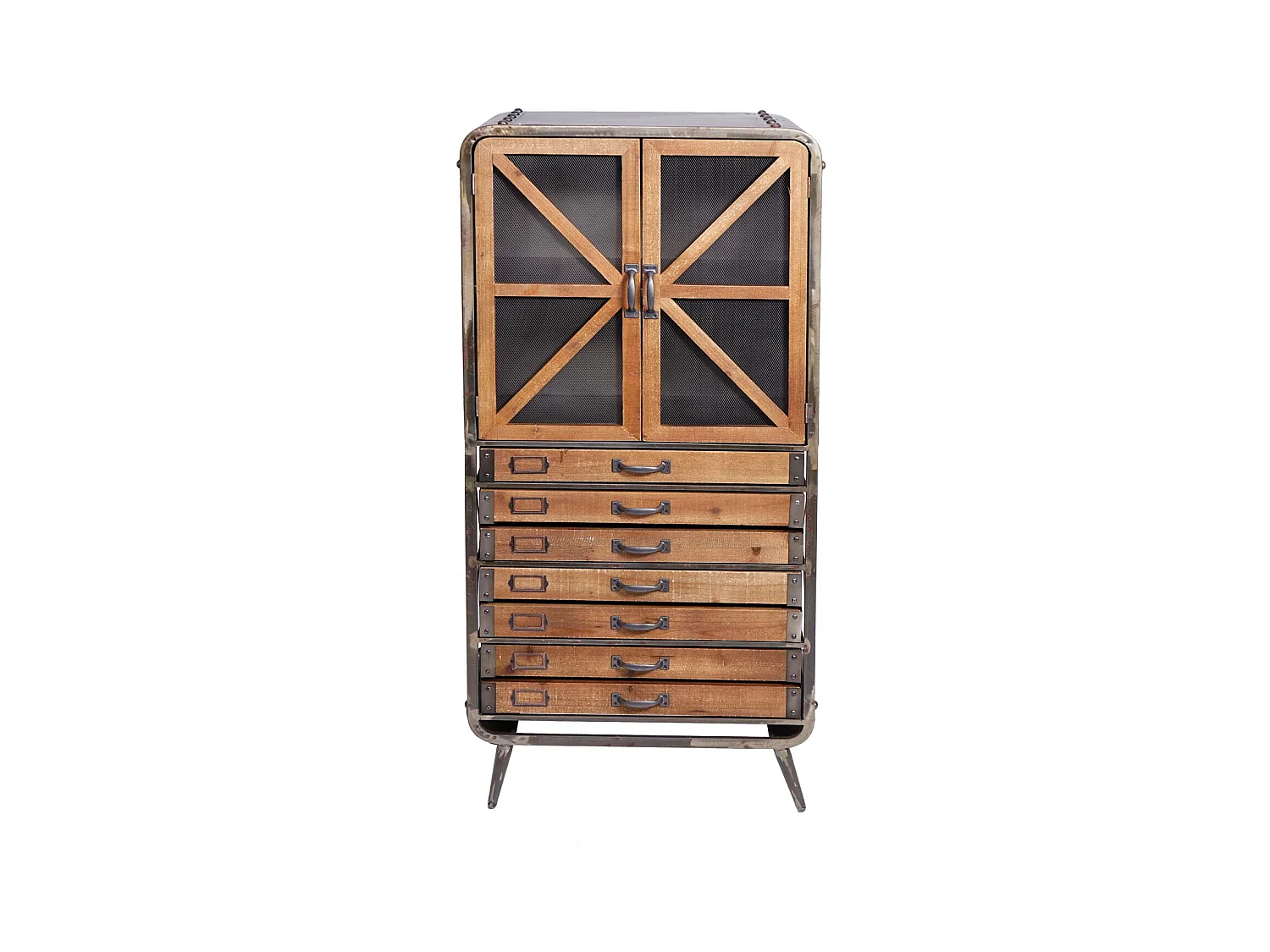 Armoire haute buffet meuble de salon en bois de sapin et métal design industriel 128 x 60 x 33 cm marron-noir 04_0005758