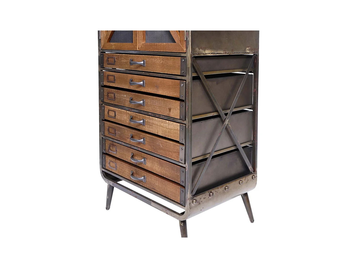 Armoire haute buffet meuble de salon en bois de sapin et métal design industriel 128 x 60 x 33 cm marron-noir 04_0005758