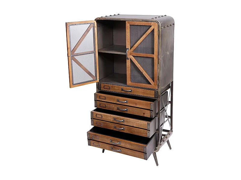 Armoire haute buffet meuble de salon en bois de sapin et métal design industriel 128 x 60 x 33 cm marron-noir 04_0005758