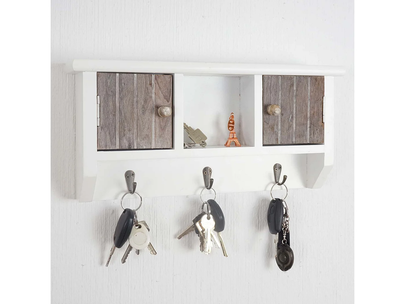 Porte-clés mural avec 3 bois blanche 40 x 8 x 19 cm 04_0003591