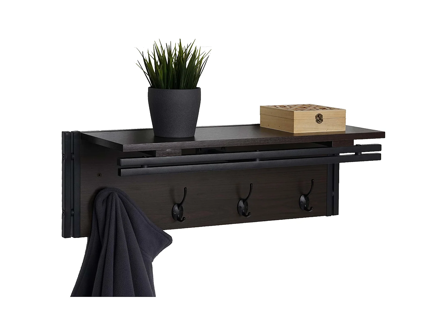 Porte-manteau mural étagère rangement effet bois marron 75 x 24 x 24 cm 04_0000973