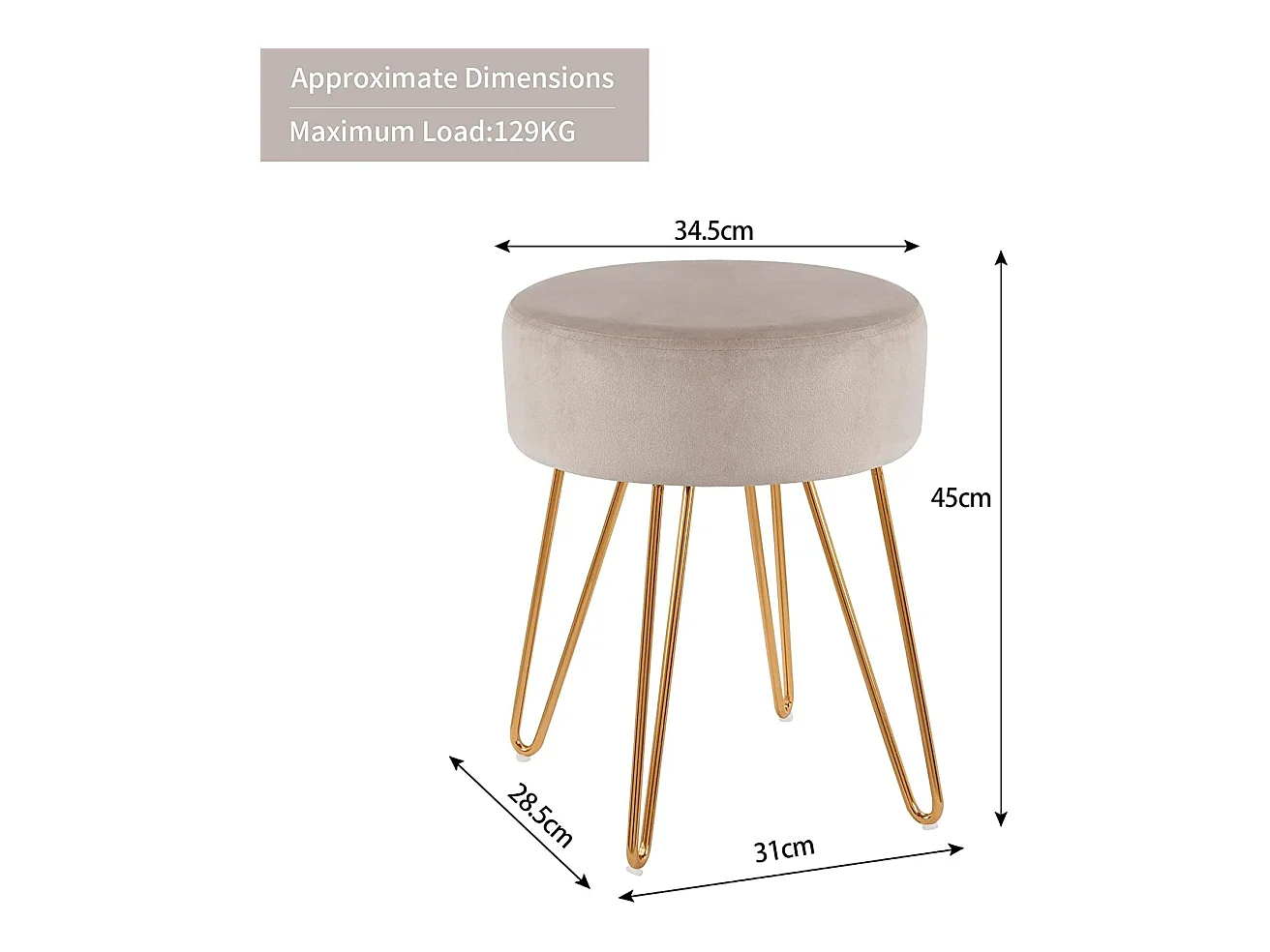 Tabouret en tissu velours métal crème 35 x 35 x 45 cm TABO09078