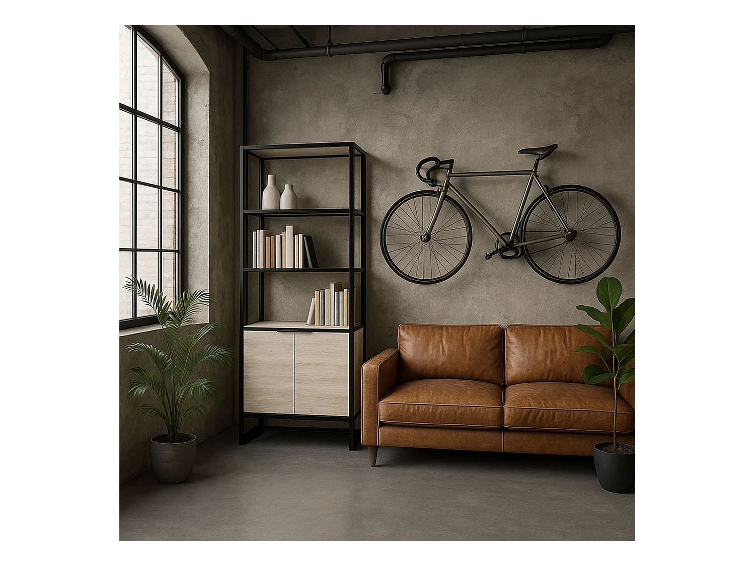 Edo - Scaffale Libreria a Muro 76x162,5x33,5 cm 3 Ripiani con Mobiletto 2 Ante in Legno Bleach Struttura in Metallo Nero