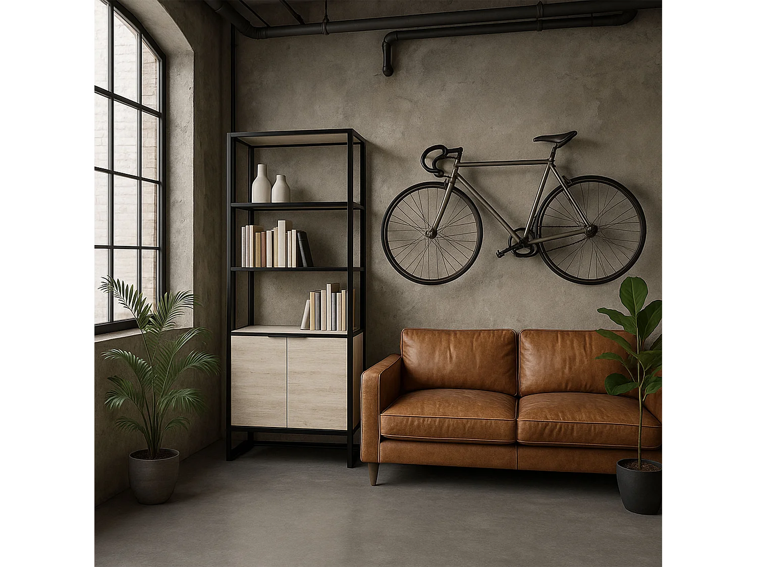 Edo - Estante de Parede 76x162,5x33,5 cm 3 Prateleiras com Armário 2 Portas em Madeira Bleach Estrutura Metálica Preto