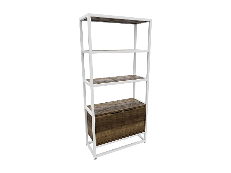 Edo - Scaffale Libreria a Muro 76x162,5x33,5 cm 3 Ripiani con Mobiletto 2 Ante in Legno Oak Struttura in Metallo Bianco