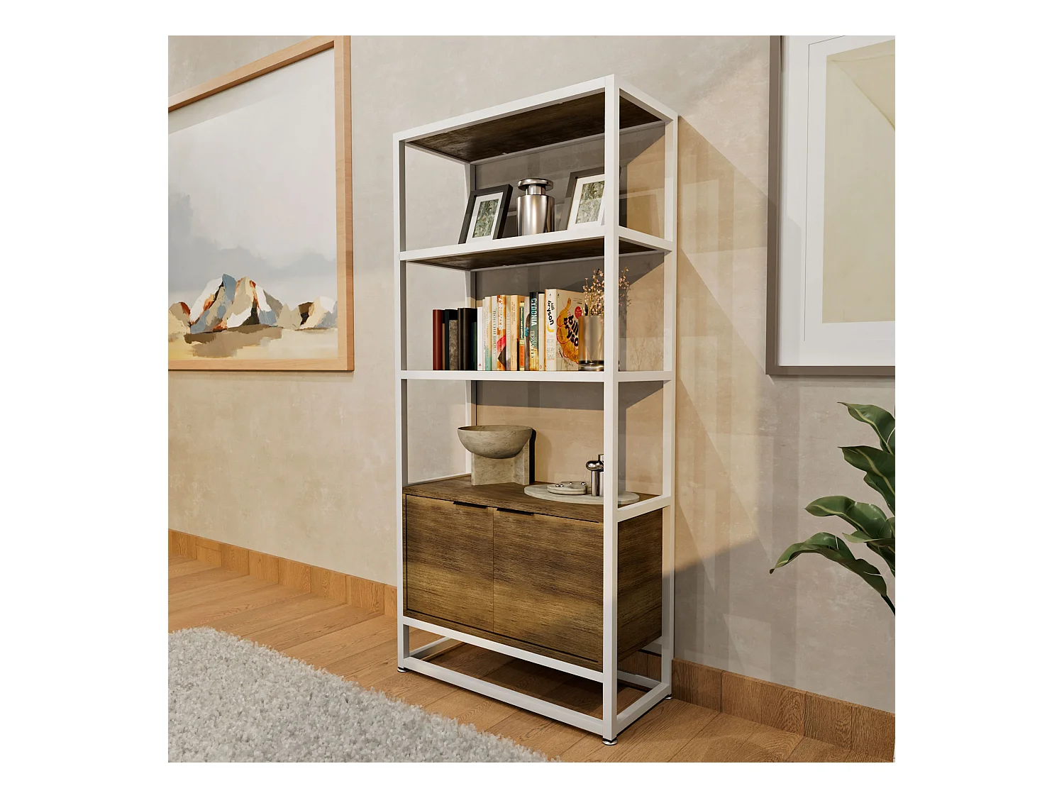 Edo - Scaffale Libreria a Muro 76x162,5x33,5 cm 3 Ripiani con Mobiletto 2 Ante in Legno Oak Struttura in Metallo Bianco