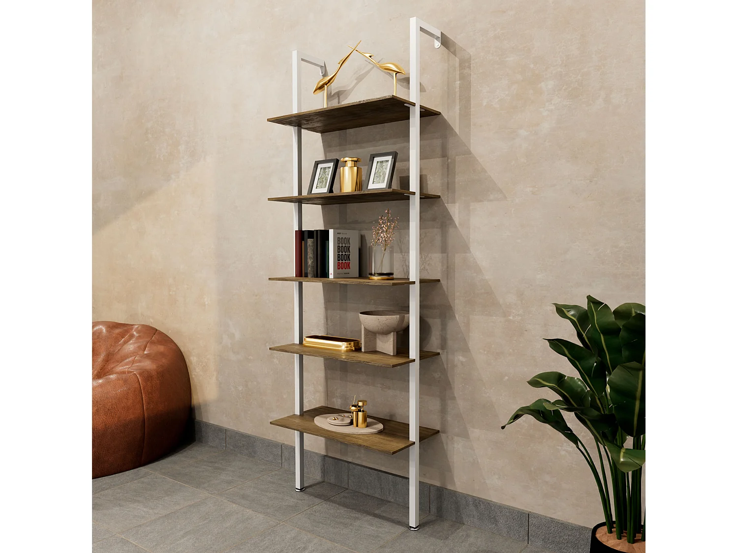 Komo - Scaffale Libreria a Muro 60x185x30 cm 5 Ripiani in Legno Oak Struttura in Metallo Bianco