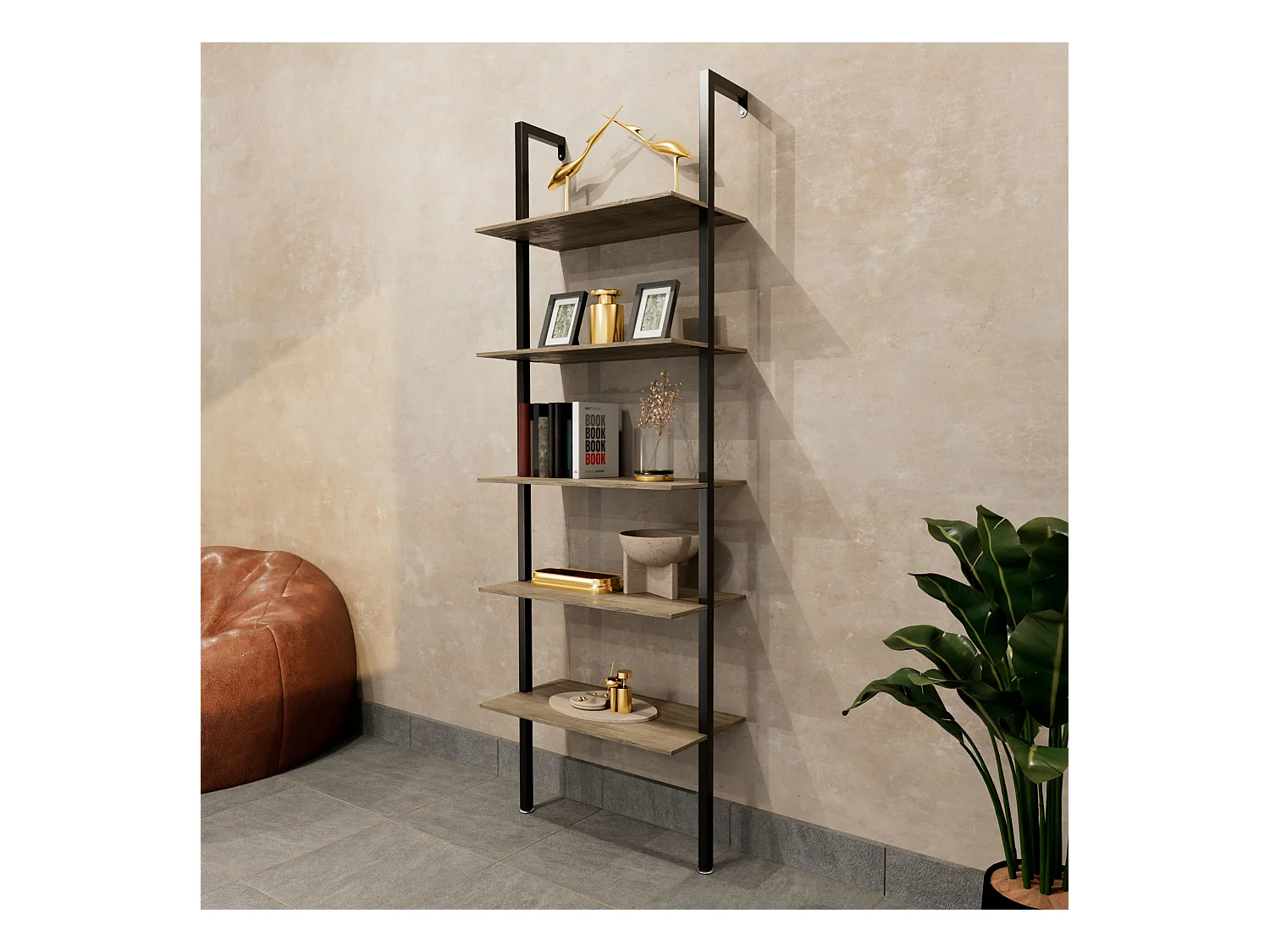 Komo - Estante Biblioteca de Parede 60x185x30 cm com 5 Prateleiras em Madeira Bleach e Estrutura em Metal Preto