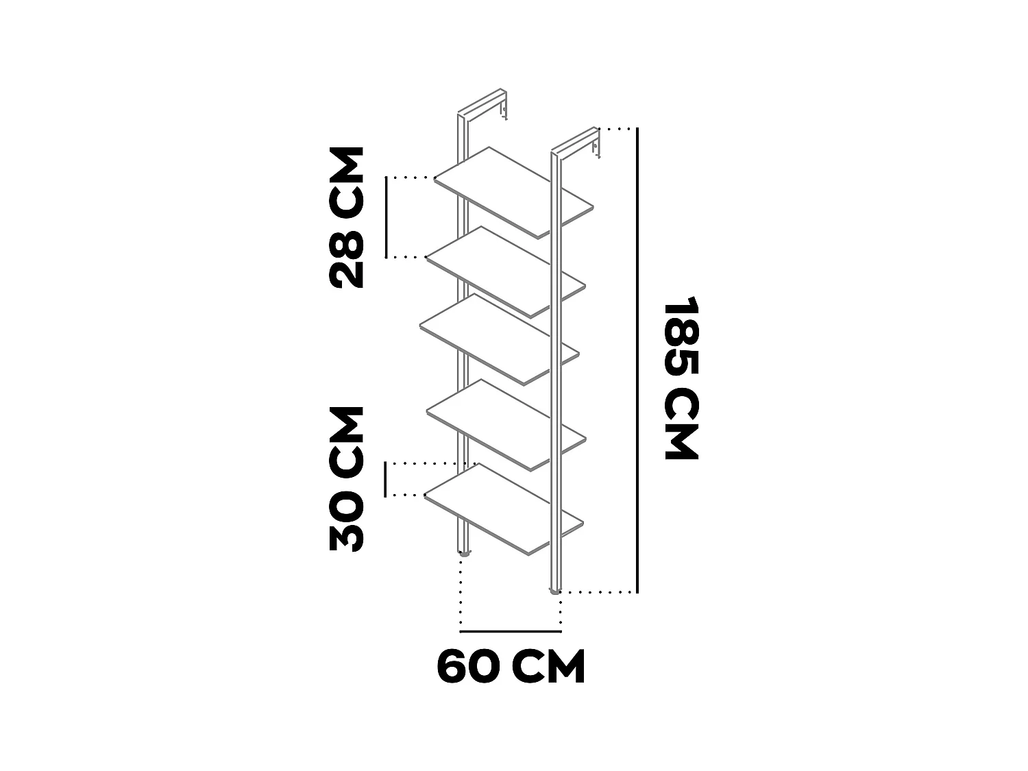 Komo - Estante Biblioteca de Parede 60x185x30 cm com 5 Prateleiras em Madeira Bleach e Estrutura em Metal Preto