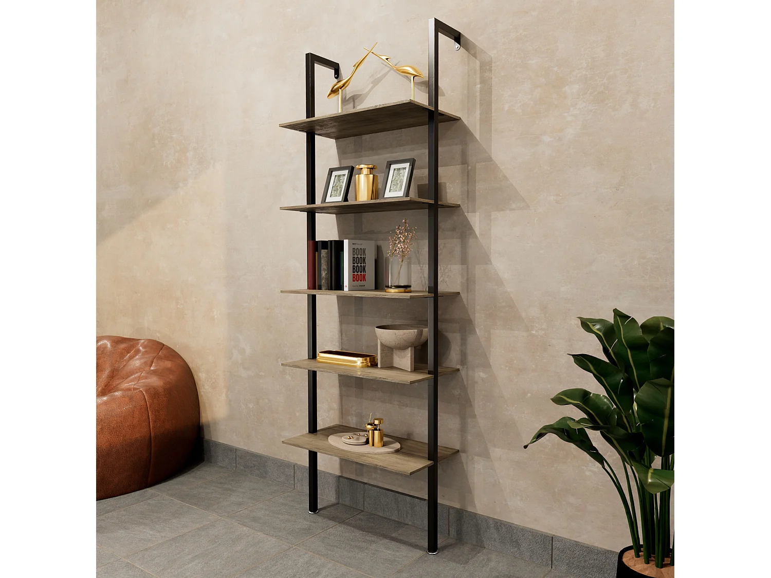 Komo - Estante Biblioteca de Parede 60x185x30 cm com 5 Prateleiras em Madeira Bleach e Estrutura em Metal Preto
