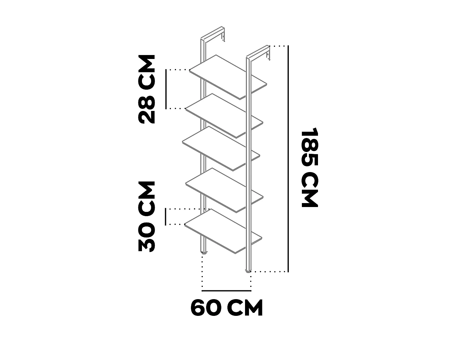 Komo - Estante Biblioteca de Parede 60x185x30 cm com 5 Prateleiras em Madeira Bleach e Estrutura em Metal Preto