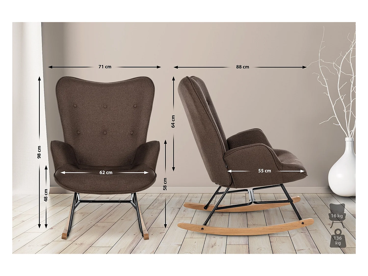 Fauteuil à bascule rocking métal marron 71 x 88 x 98 cm 10_0003803