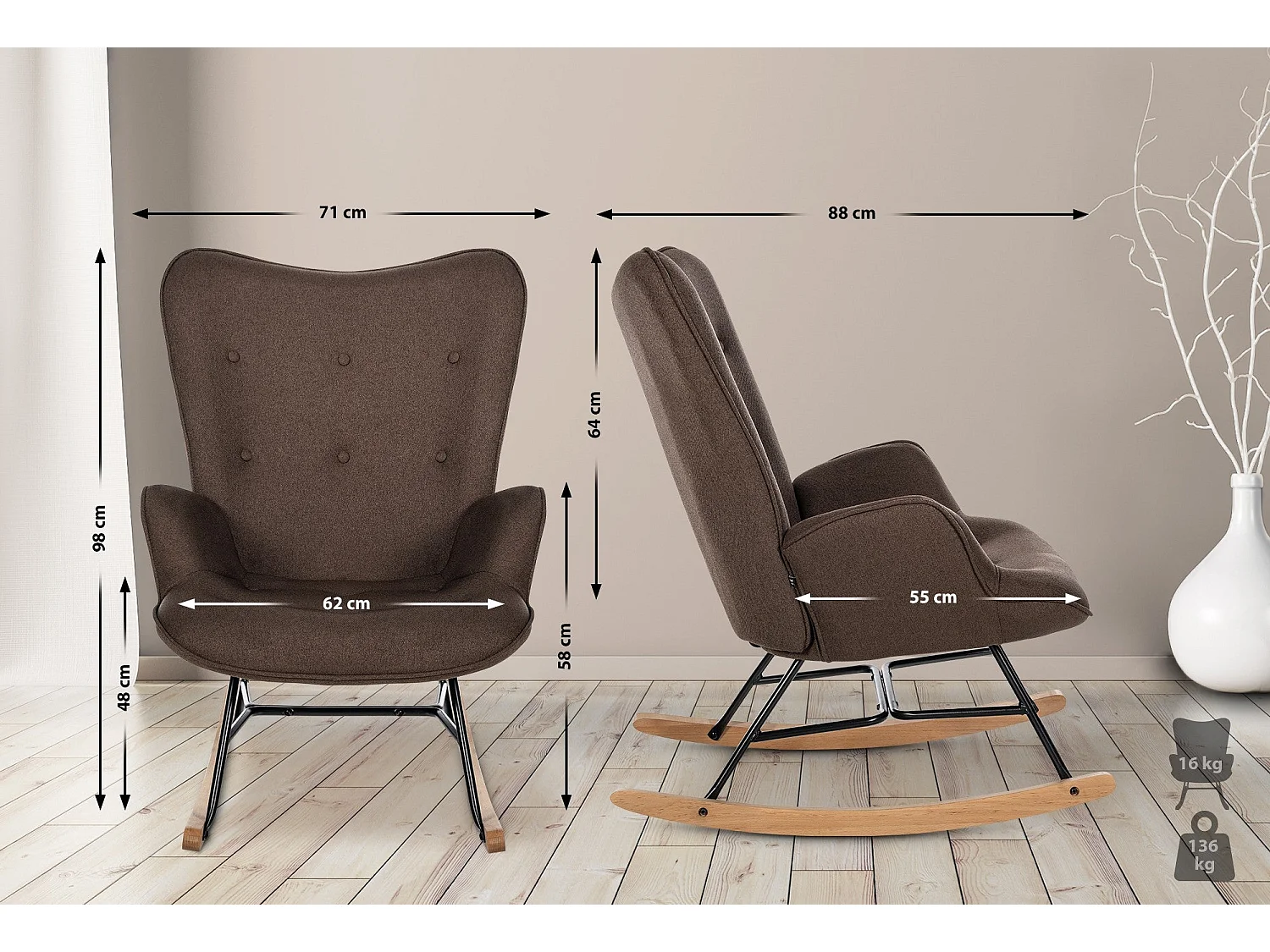 Fauteuil à bascule rocking métal marron 71 x 88 x 98 cm 10_0003803