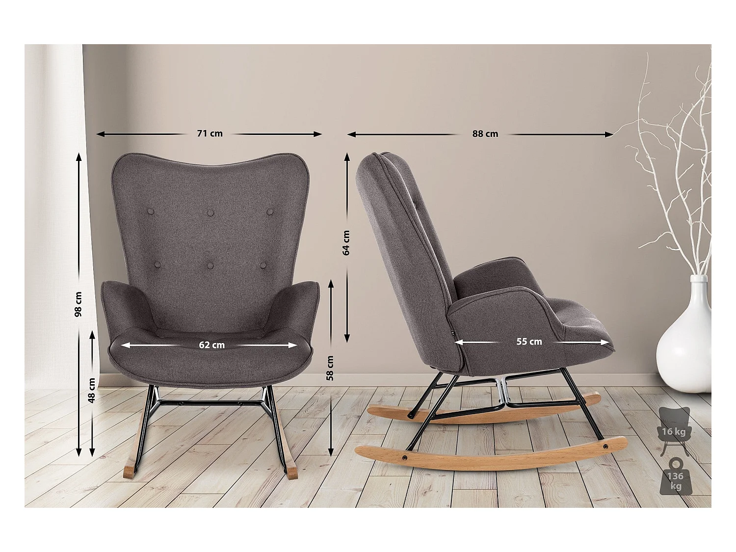 Fauteuil à bascule rocking métal marron 71 x 88 x 98 cm 10_0003805