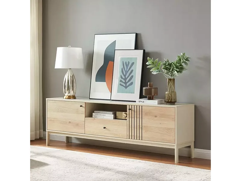 Meuble TV 180 cm bois chêne alpin et métal blanc cassé – FARGOLE