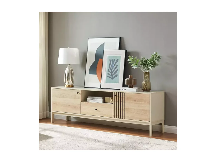 Meuble TV 180 cm bois chêne alpin et métal blanc cassé – FARGOLE