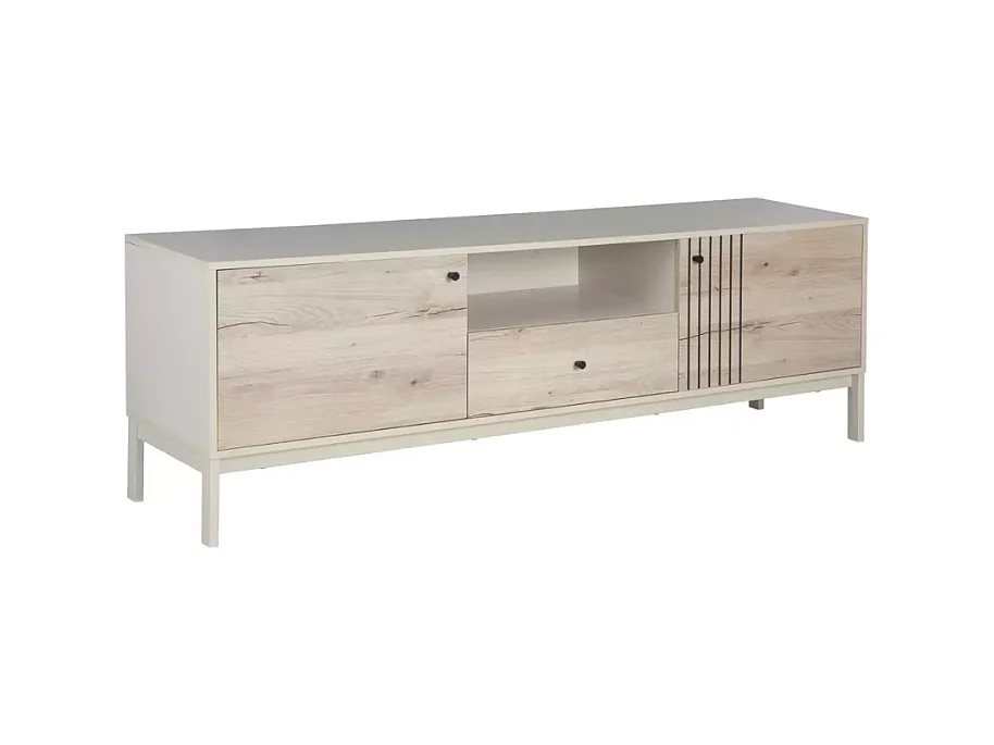 Meuble TV 180 cm bois chêne alpin et métal blanc cassé – FARGOLE