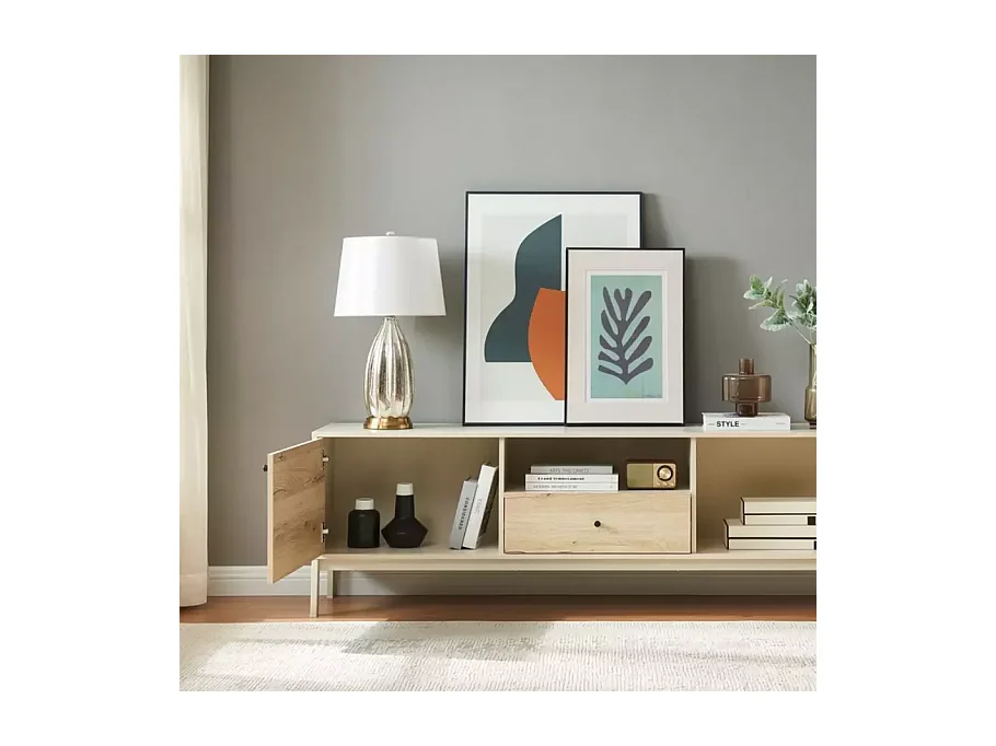 Meuble TV 180 cm bois chêne alpin et métal blanc cassé – FARGOLE