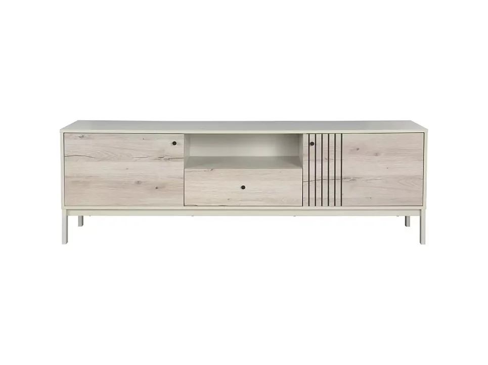 Meuble TV 180 cm bois chêne alpin et métal blanc cassé – FARGOLE