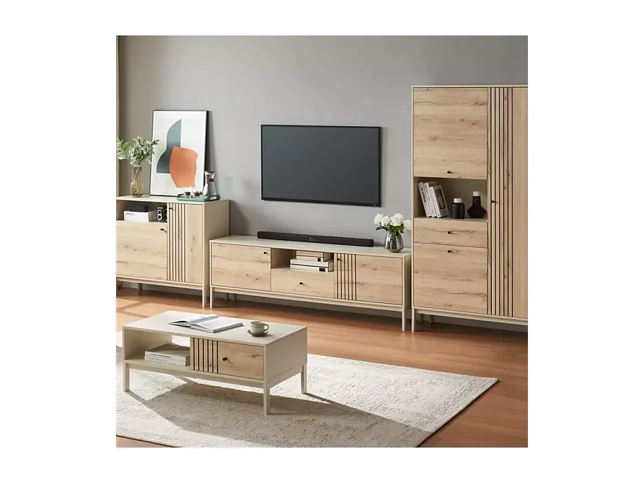 Meuble TV 180 cm bois chêne alpin et métal blanc cassé – FARGOLE