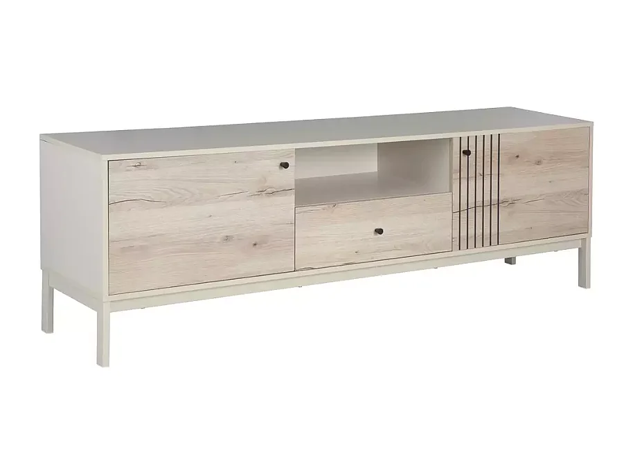 Meuble TV 180 cm bois chêne alpin et métal blanc cassé – FARGOLE