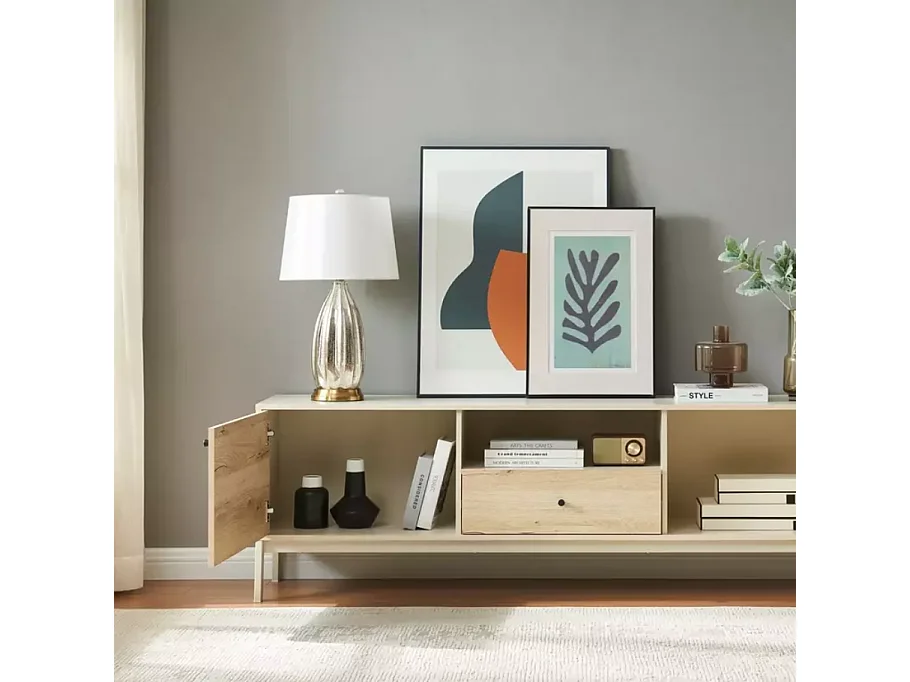 Meuble TV 180 cm bois chêne alpin et métal blanc cassé – FARGOLE