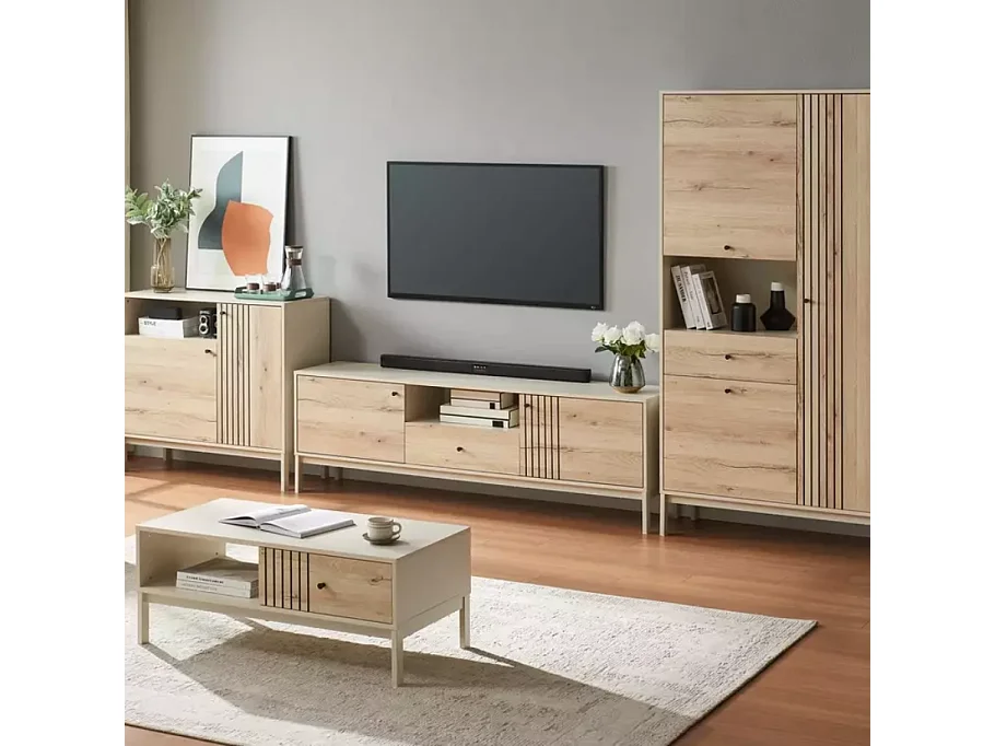 Meuble TV 180 cm bois chêne alpin et métal blanc cassé – FARGOLE