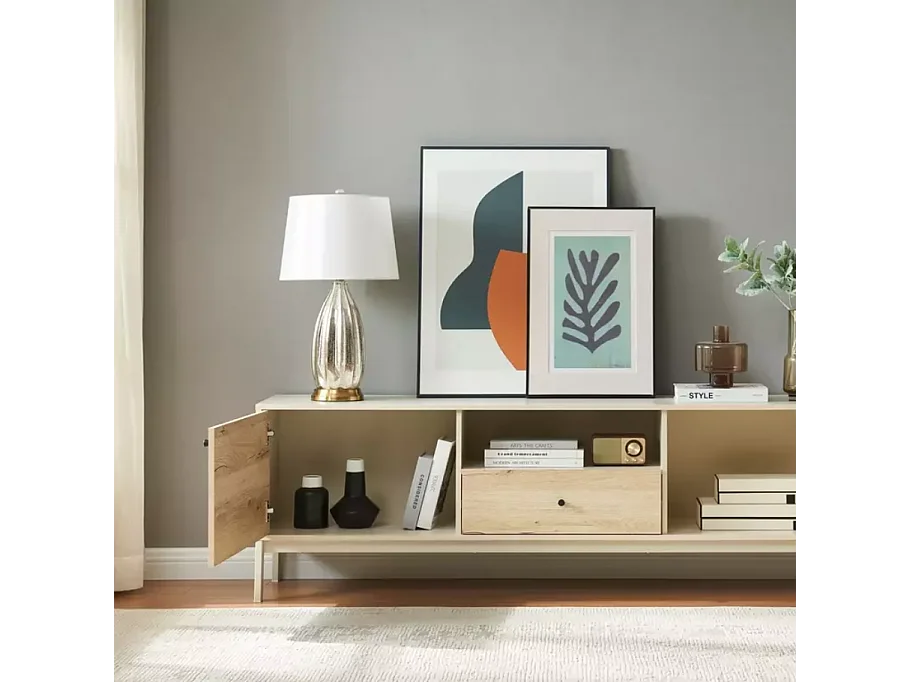 Meuble TV 180 cm bois chêne alpin et métal blanc cassé – FARGOLE