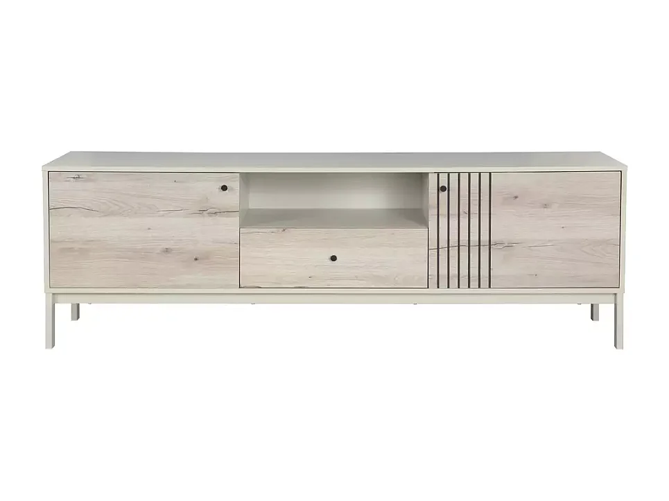 Meuble TV 180 cm bois chêne alpin et métal blanc cassé – FARGOLE
