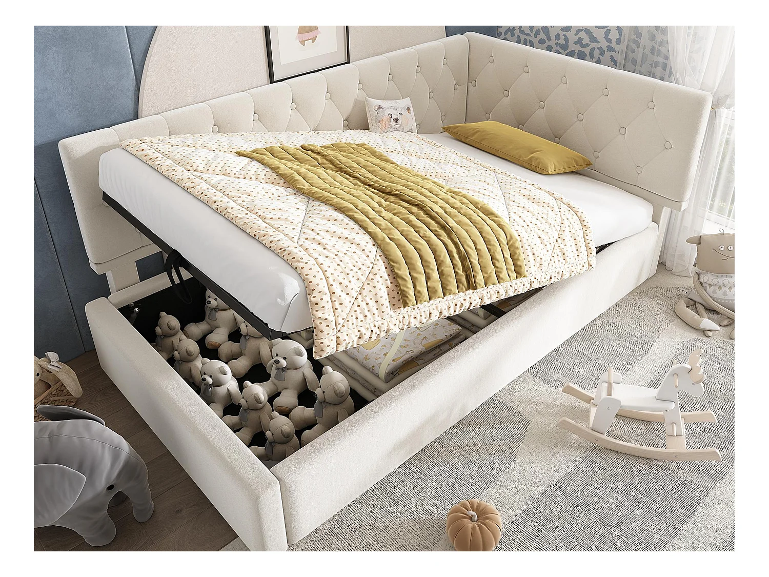 Canapé-lit coffre 90x190 cm - avec rangement - tissu en velours - avec sommier à lattes - Beige(sans matelas)