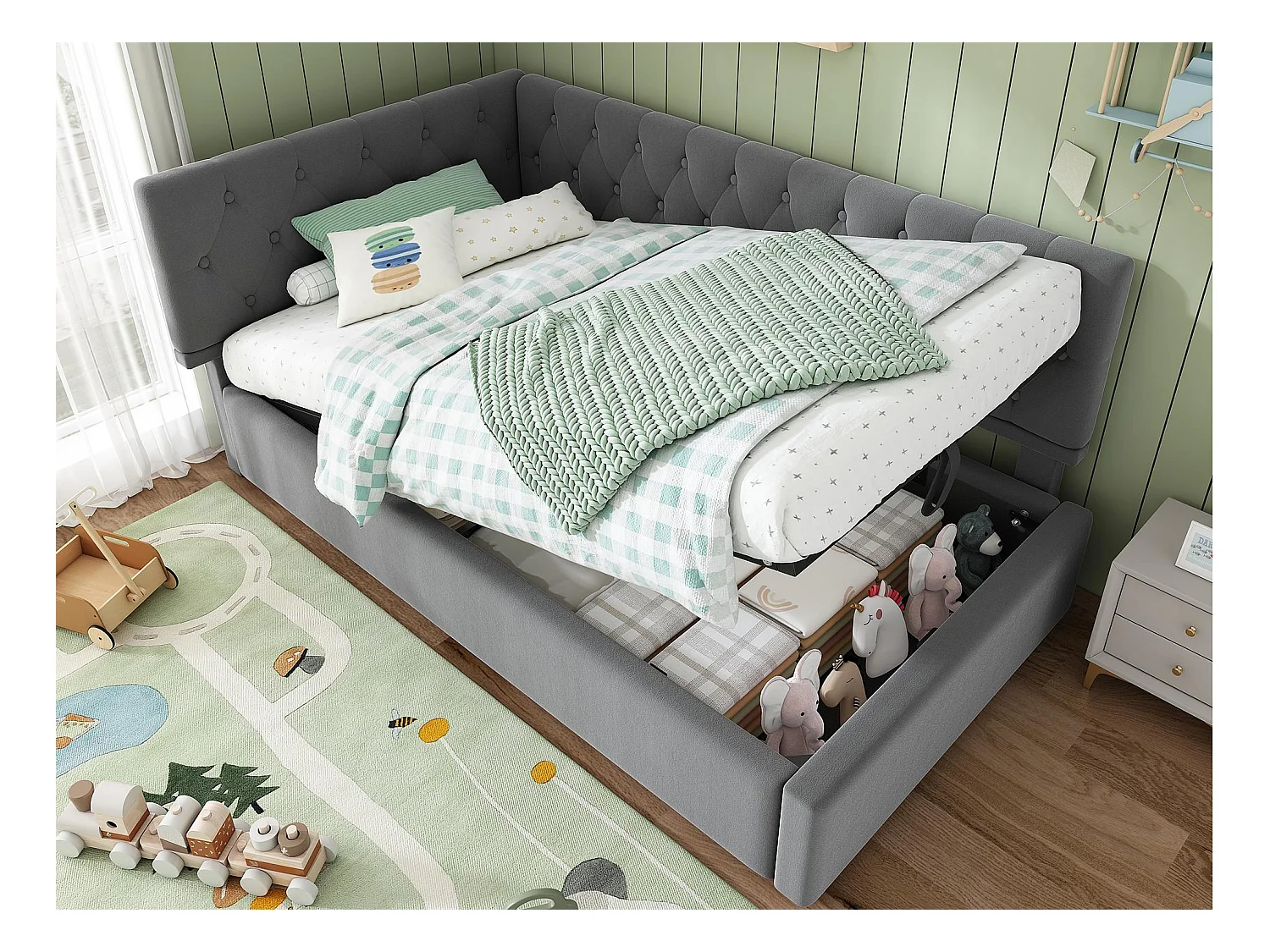 Sofabett mit Stauraum 90×190 cm - mit Veloursstoff - mit Lattenrost - grau (ohne Matratze)