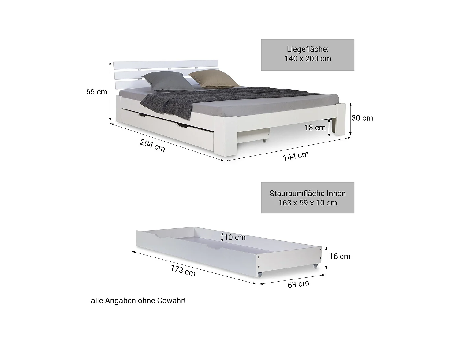 Lit double 140x200 cm bois blanche 173 x 63 x 16 cm LIT06225