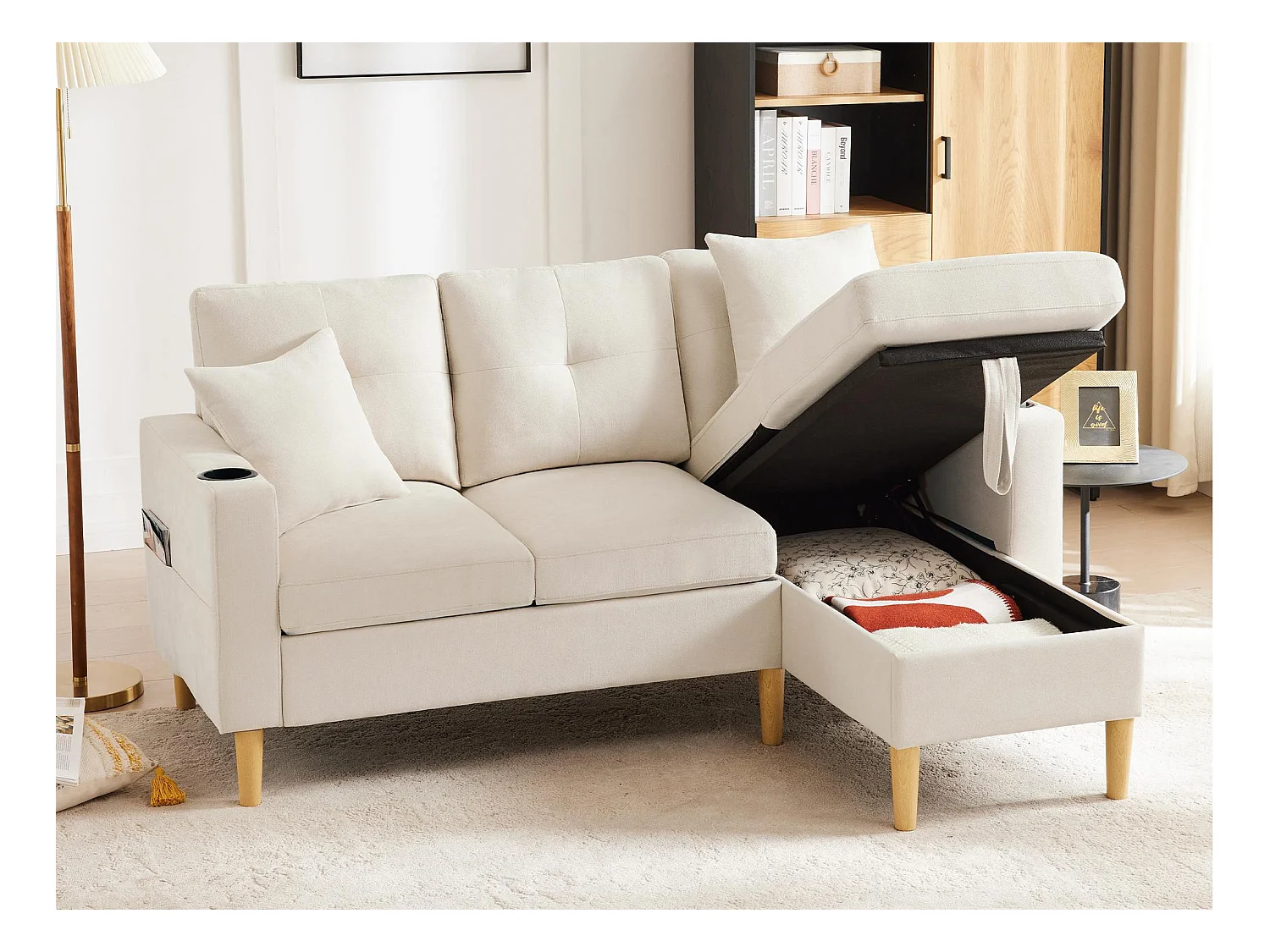 Nowoczesna sofa 3-osobowa w kształcie litery L - z 2 uchwytami na kubki - 2 poduszki - z przechowywaniem - beżowy