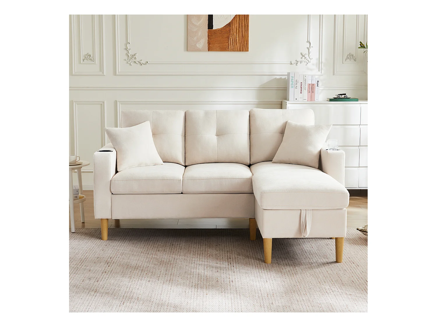 Nowoczesna sofa 3-osobowa w kształcie litery L - z 2 uchwytami na kubki - 2 poduszki - z przechowywaniem - beżowy