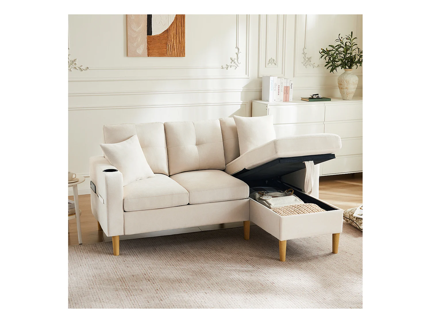 Nowoczesna sofa 3-osobowa w kształcie litery L - z 2 uchwytami na kubki - 2 poduszki - z przechowywaniem - beżowy