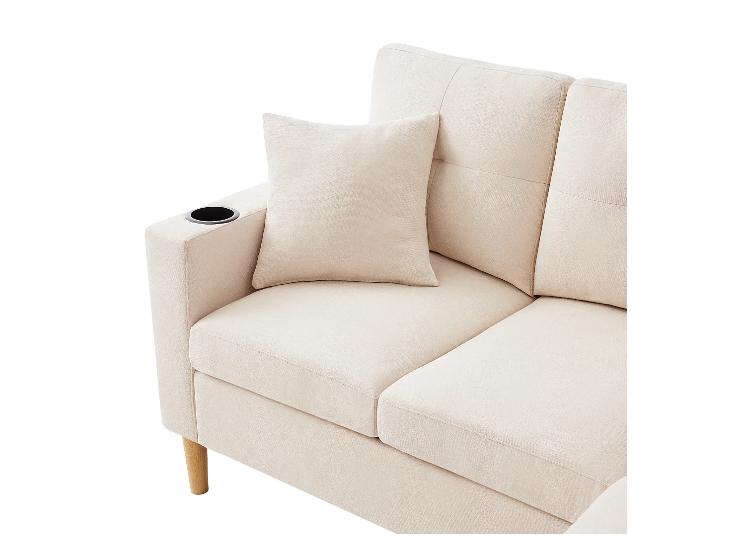 Nowoczesna sofa 3-osobowa w kształcie litery L - z 2 uchwytami na kubki - 2 poduszki - z przechowywaniem - beżowy