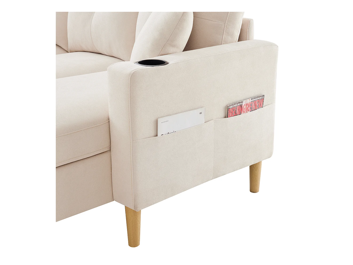 Nowoczesna sofa 3-osobowa w kształcie litery L - z 2 uchwytami na kubki - 2 poduszki - z przechowywaniem - beżowy