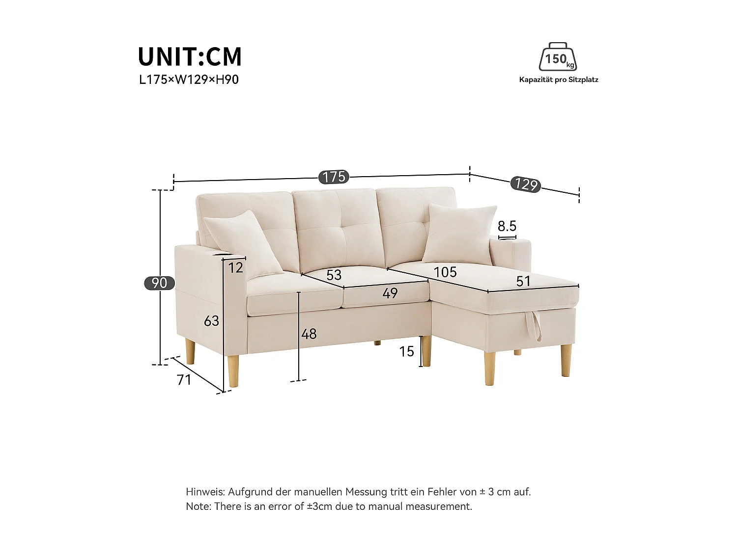 Canapé 3 places moderne en L - avec 2 porte-gobelets - 2 coussins - avec rangement - beige