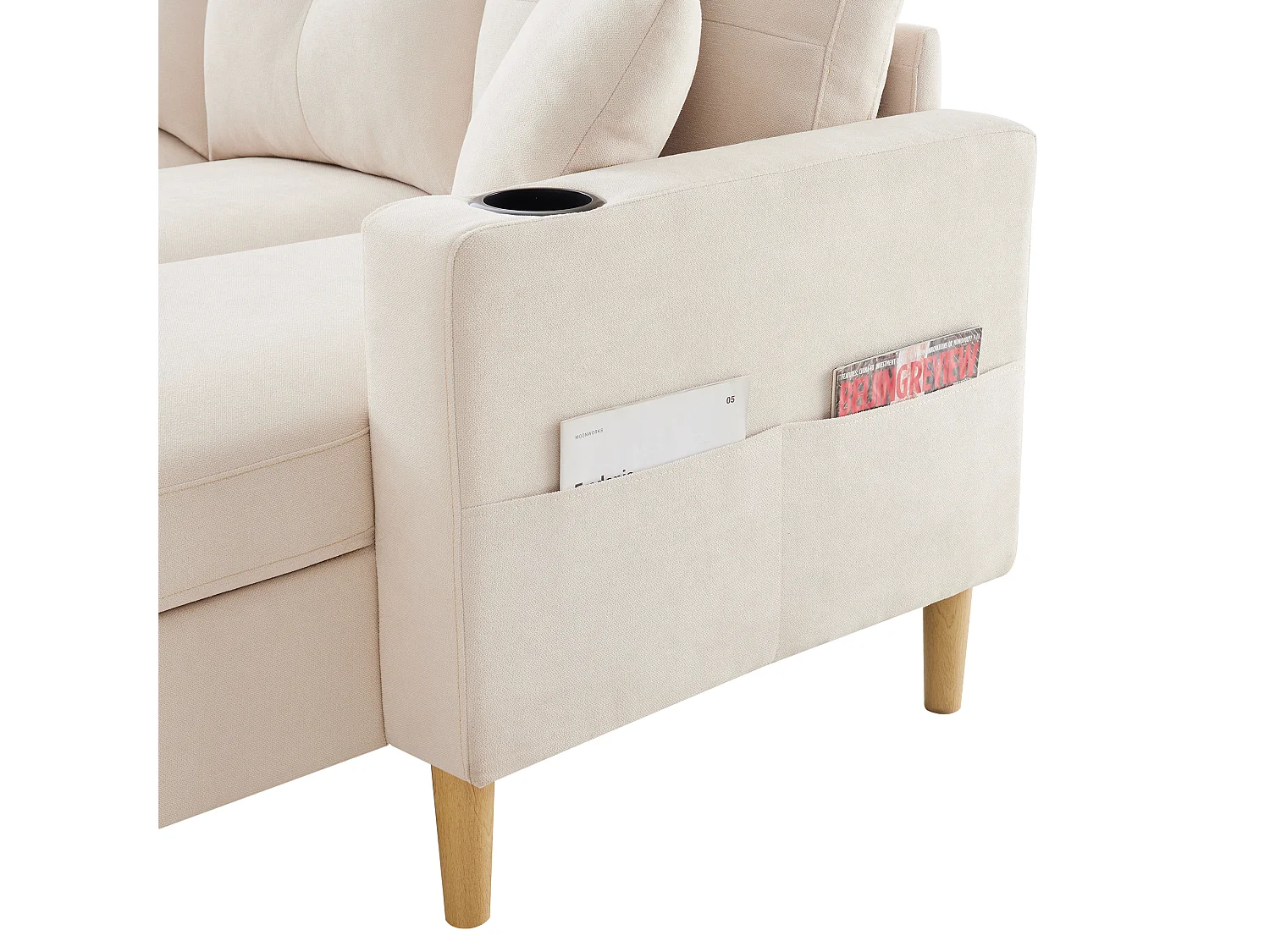 Canapé 3 places moderne en L - avec 2 porte-gobelets - 2 coussins - avec rangement - beige