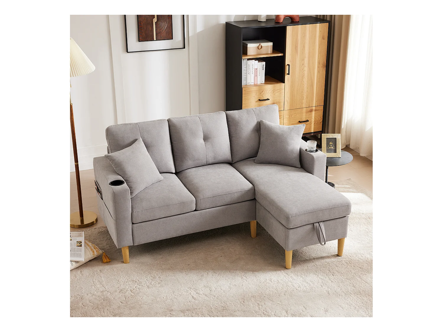 Nowoczesna sofa 3-osobowa w kształcie litery L - z 2 uchwytami na kubki - 2 poduszki - z przechowywaniem - jasnoszary