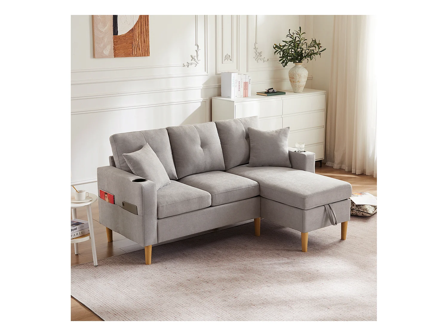 Nowoczesna sofa 3-osobowa w kształcie litery L - z 2 uchwytami na kubki - 2 poduszki - z przechowywaniem - jasnoszary