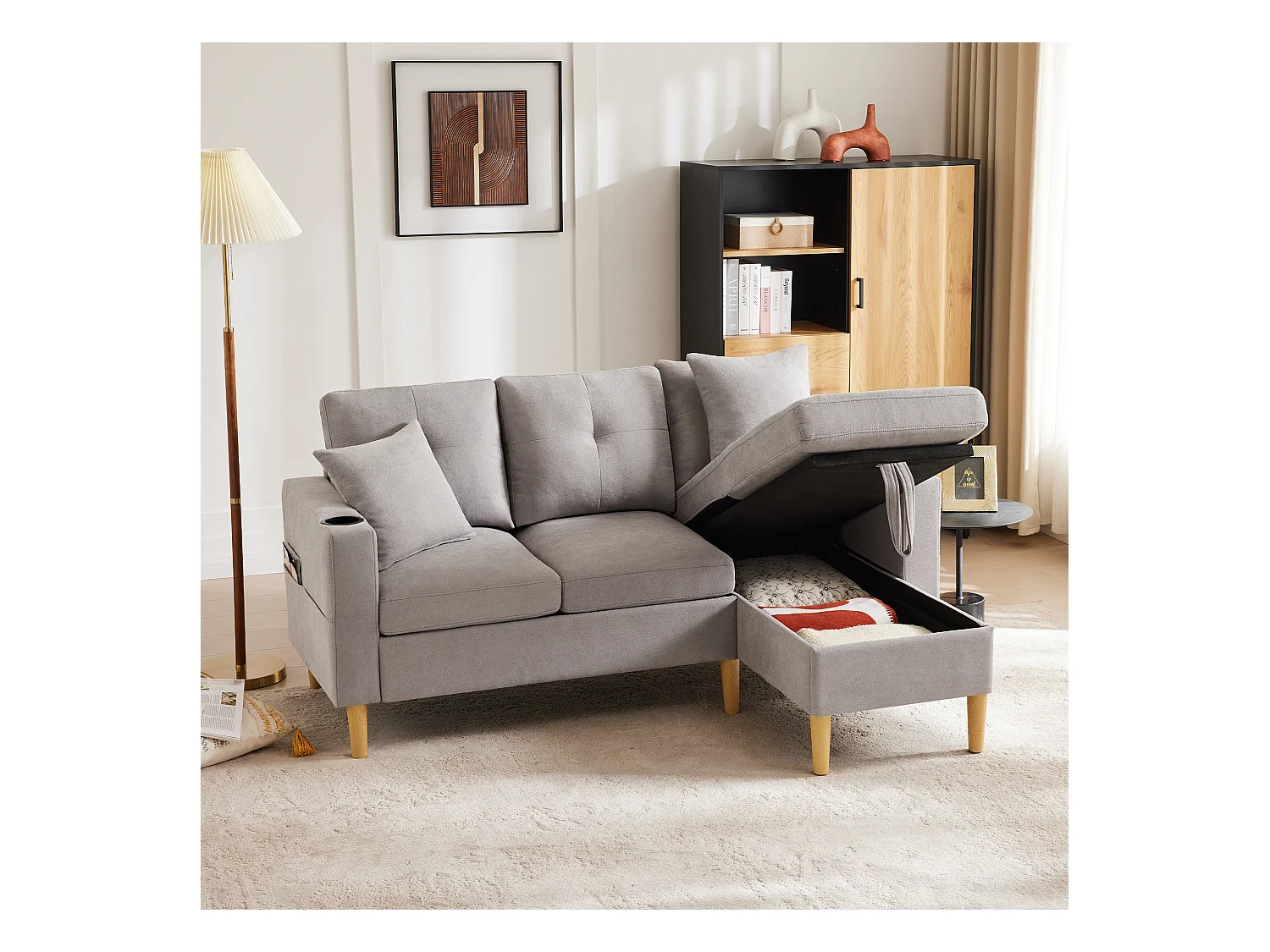 Nowoczesna sofa 3-osobowa w kształcie litery L - z 2 uchwytami na kubki - 2 poduszki - z przechowywaniem - jasnoszary