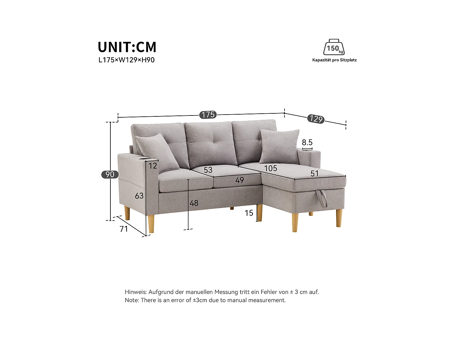 Nowoczesna sofa 3-osobowa w kształcie litery L - z 2 uchwytami na kubki - 2 poduszki - z przechowywaniem - jasnoszary