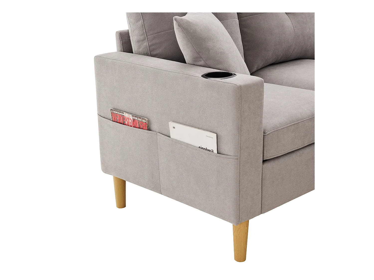 Nowoczesna sofa 3-osobowa w kształcie litery L - z 2 uchwytami na kubki - 2 poduszki - z przechowywaniem - jasnoszary