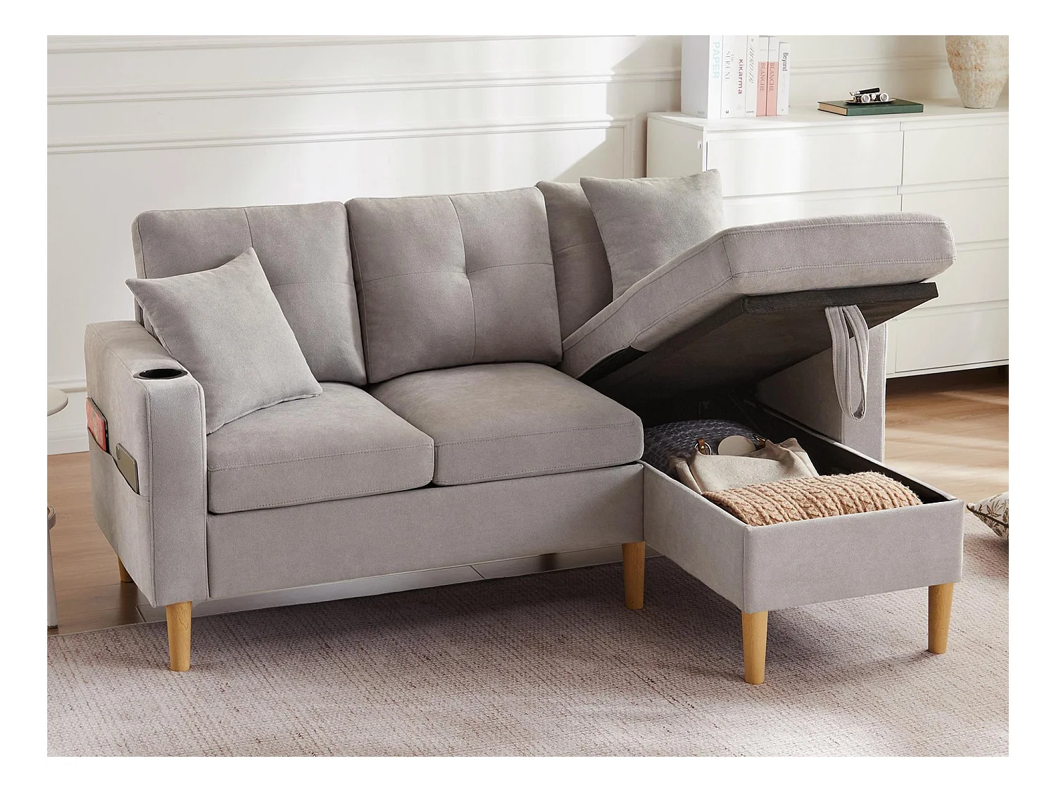 Canapé 3 places moderne en L - avec 2 porte-gobelets - 2 coussins - avec rangement - gris clair